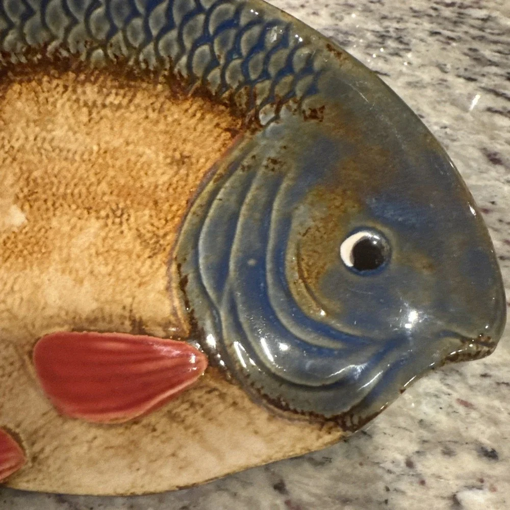 Pier 1 Sushi Porcelain Platter 12‎ inch fish Hand Painted Red Blue Brown
